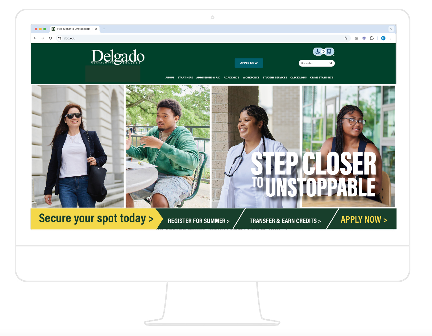 Step Closer to Unstoppable enrollment campaign takeover on Delgado Community College website, shown on desktop computer