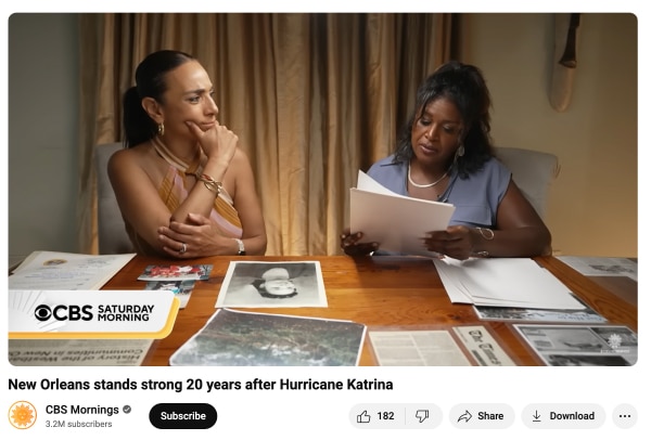 CBS Mornings News Story Photograph of CBS Morning video featuring a news story titled "New Orleans stands strong 20 years after Hurricane Katrina."